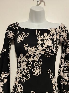 Black Long-Sleeve Dress with Cream Floral Embroidery - Elegant Square Neck